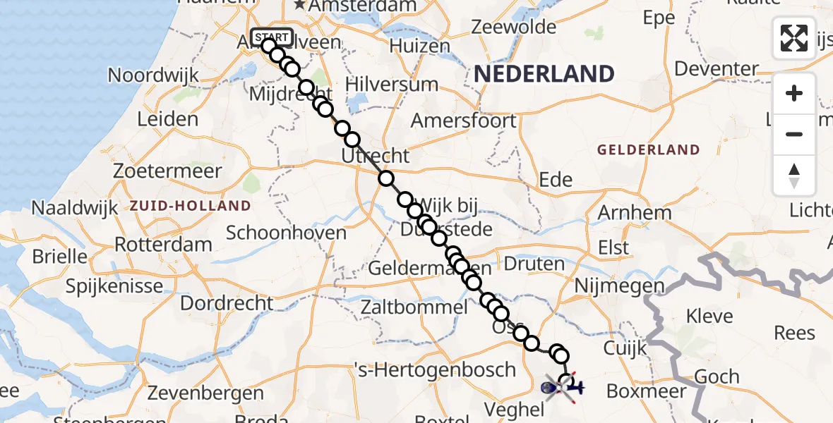 Vluchtroute Politiehelikopter van Amsterdam Vliegveld Schiphol naar Vliegbasis Volkel