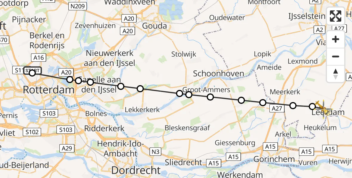 Vluchtroute Traumahelikopter van Rotterdam The Hague Airport naar Leerdam