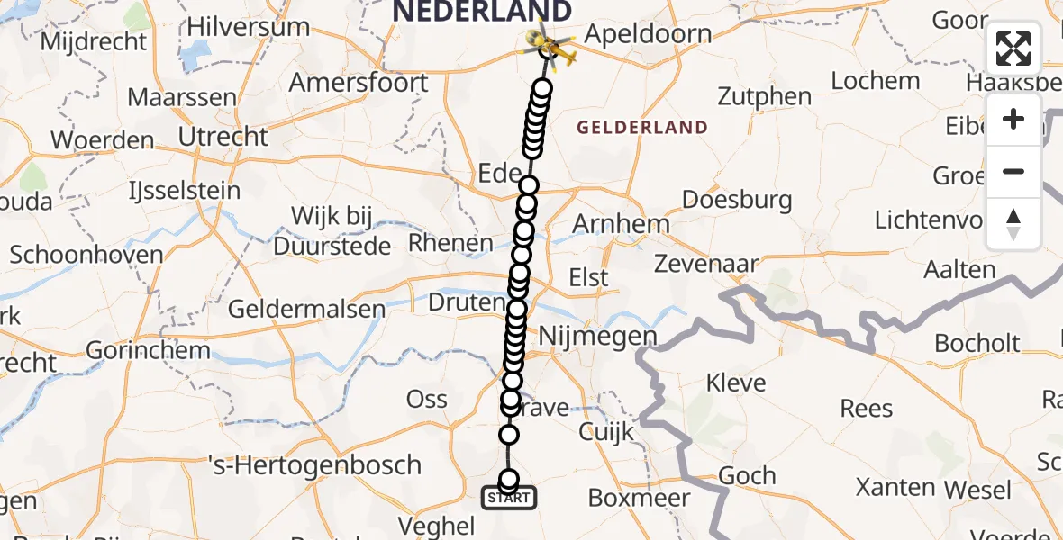 Vluchtroute Traumahelikopter van Vliegbasis Volkel naar Uddel