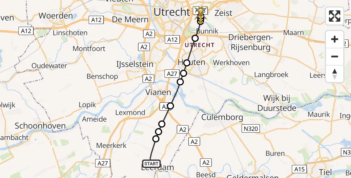 Vluchtroute Traumahelikopter van Leerdam naar Universitair Medisch Centrum Utrecht