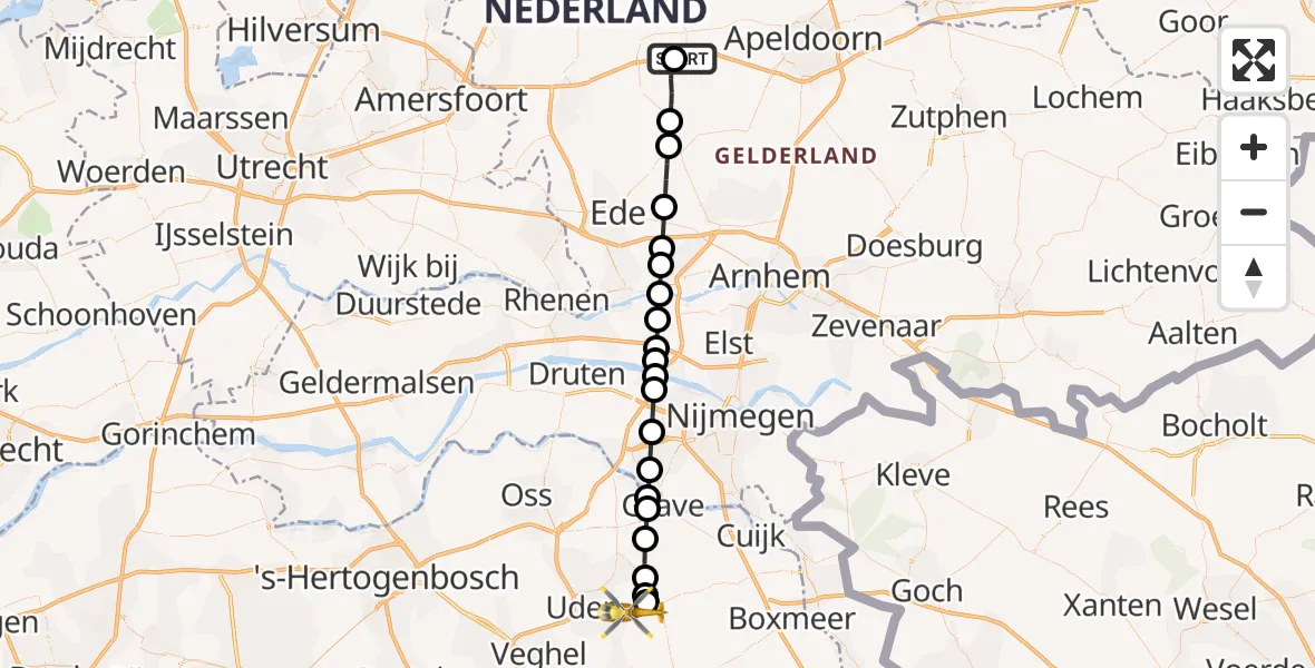 Vluchtroute Traumahelikopter van Uddel naar Vliegbasis Volkel