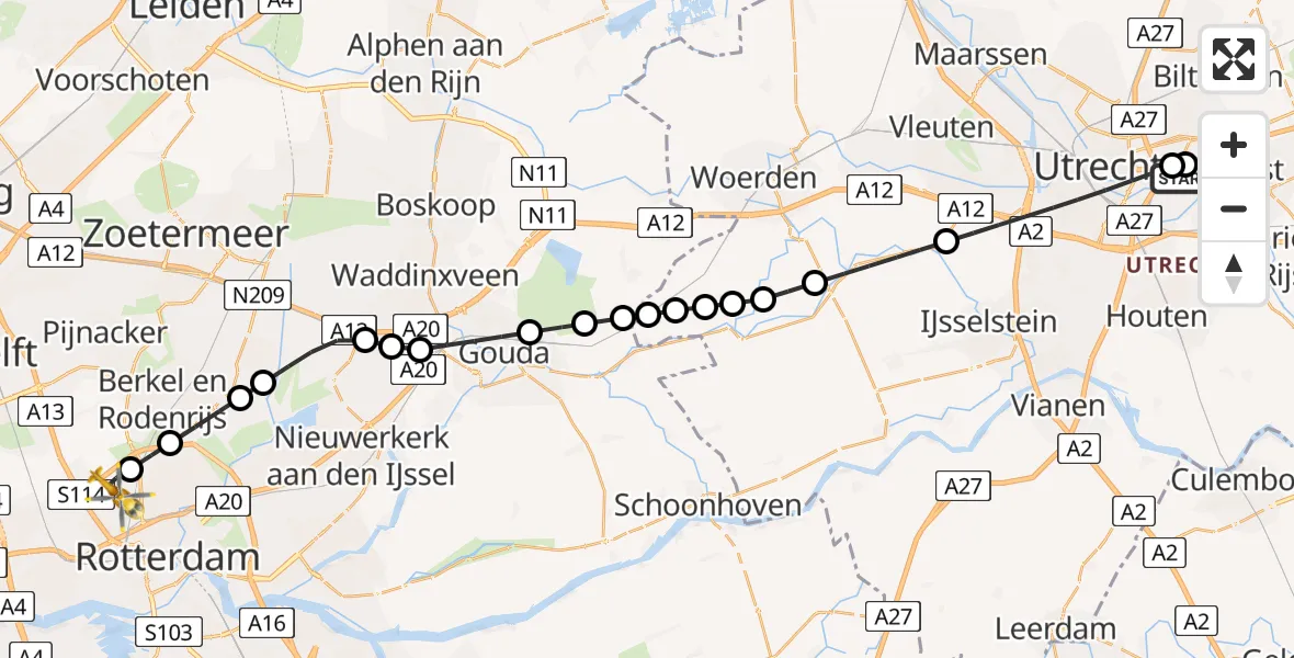 Vluchtroute Traumahelikopter van Universitair Medisch Centrum Utrecht naar Rotterdam The Hague Airport