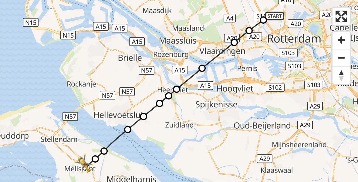 Vluchtroute Traumahelikopter van Rotterdam The Hague Airport naar Melissant