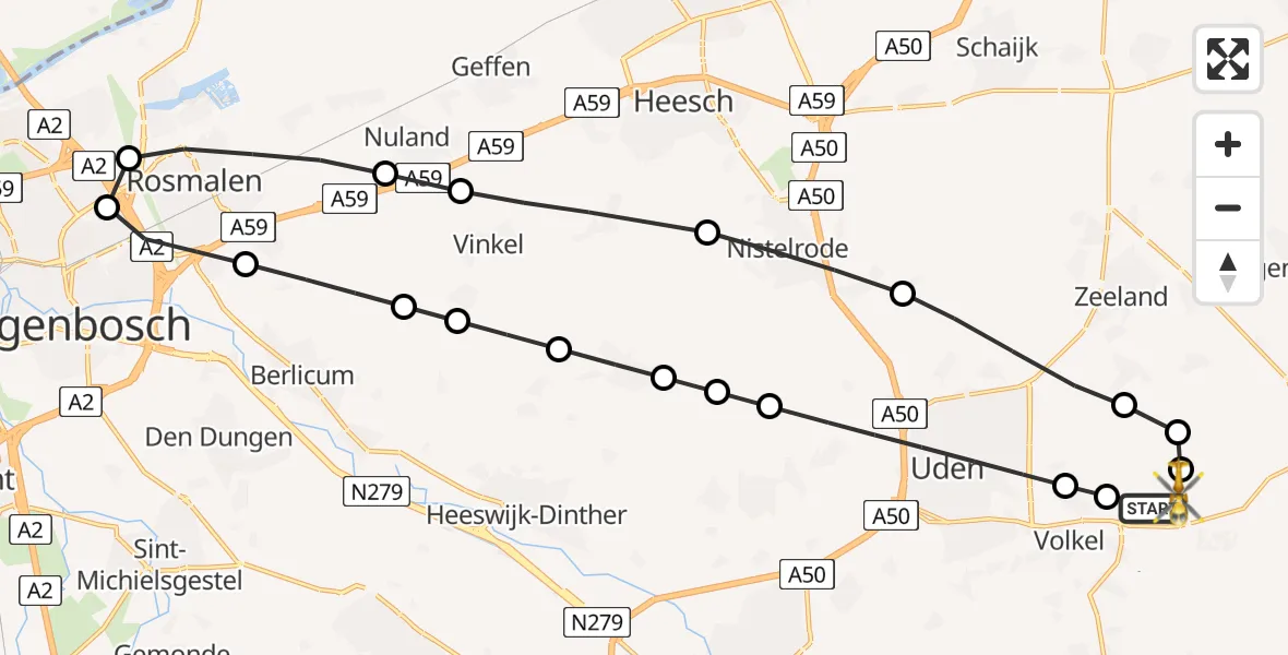 Vluchtroute Traumahelikopter van Vliegbasis Volkel naar Vliegbasis Volkel