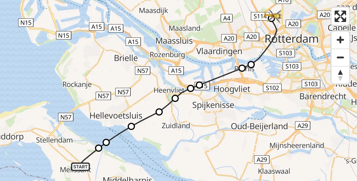 Vluchtroute Traumahelikopter van Melissant naar Rotterdam The Hague Airport