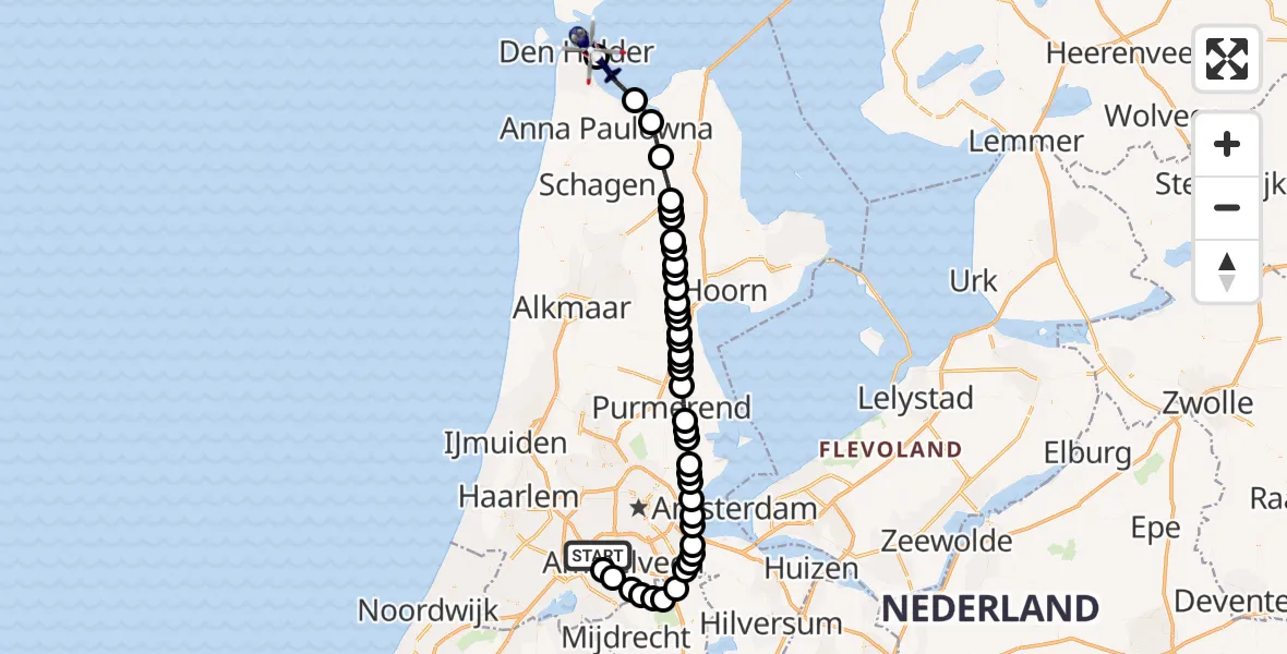 Vluchtroute Politiehelikopter van Amsterdam Vliegveld Schiphol naar Den Helder