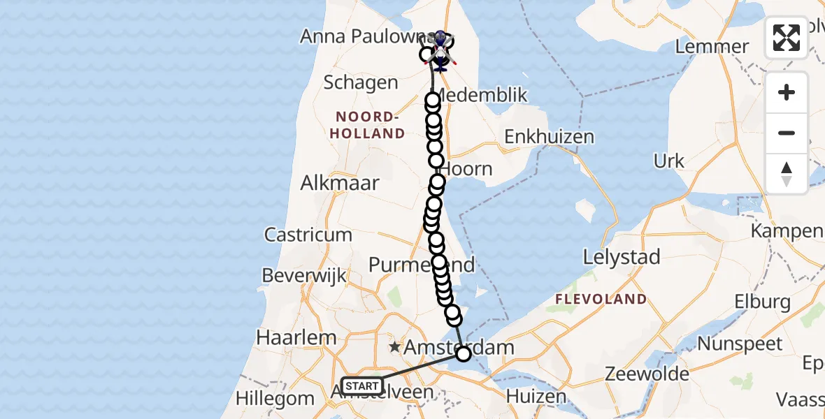 Vluchtroute Politiehelikopter van Amsterdam Vliegveld Schiphol naar Wieringerwerf