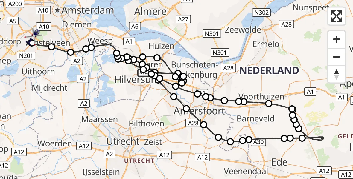 Vluchtroute Politiehelikopter van Laren naar Amsterdam Vliegveld Schiphol