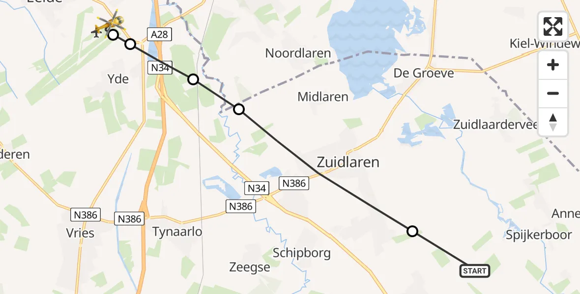 Vluchtroute Traumahelikopter van Annen naar Groningen Airport Eelde