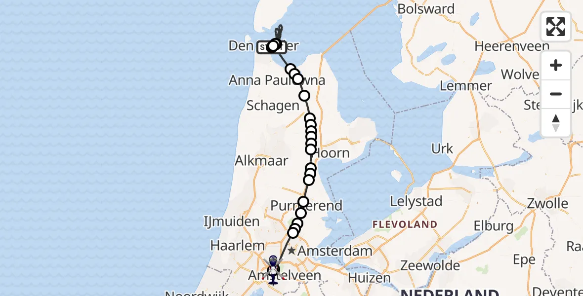 Vluchtroute Politiehelikopter van Den Helder naar Amsterdam Vliegveld Schiphol