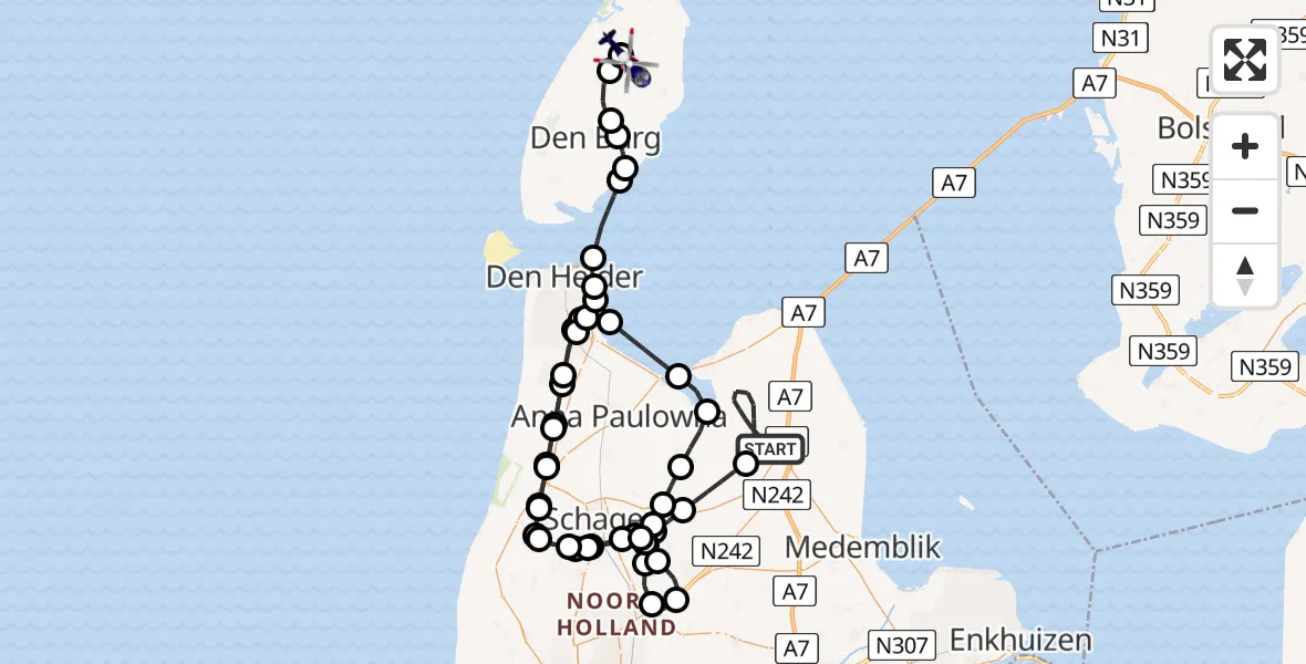 Vluchtroute Politiehelikopter van Slootdorp naar Texel International Airport