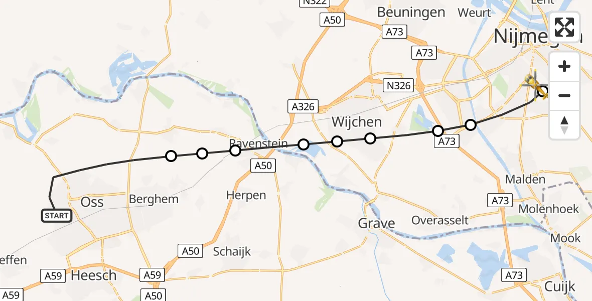 Vluchtroute Traumahelikopter van Oss naar Radboud University Medical Center Heliport
