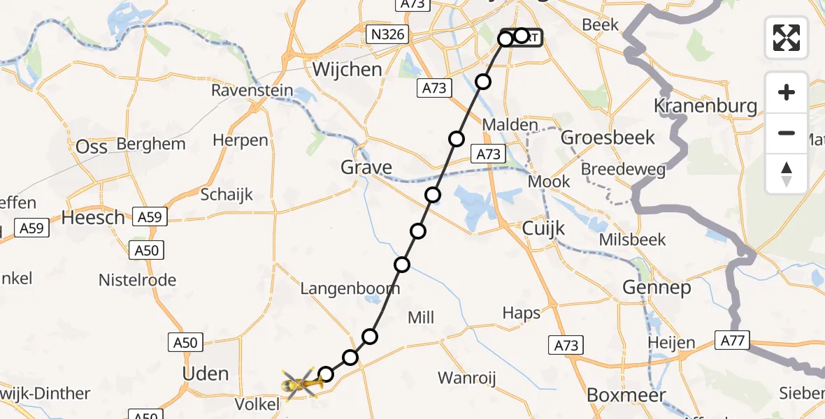 Vluchtroute Traumahelikopter van Radboud Universitair Medisch Centrum naar Vliegbasis Volkel