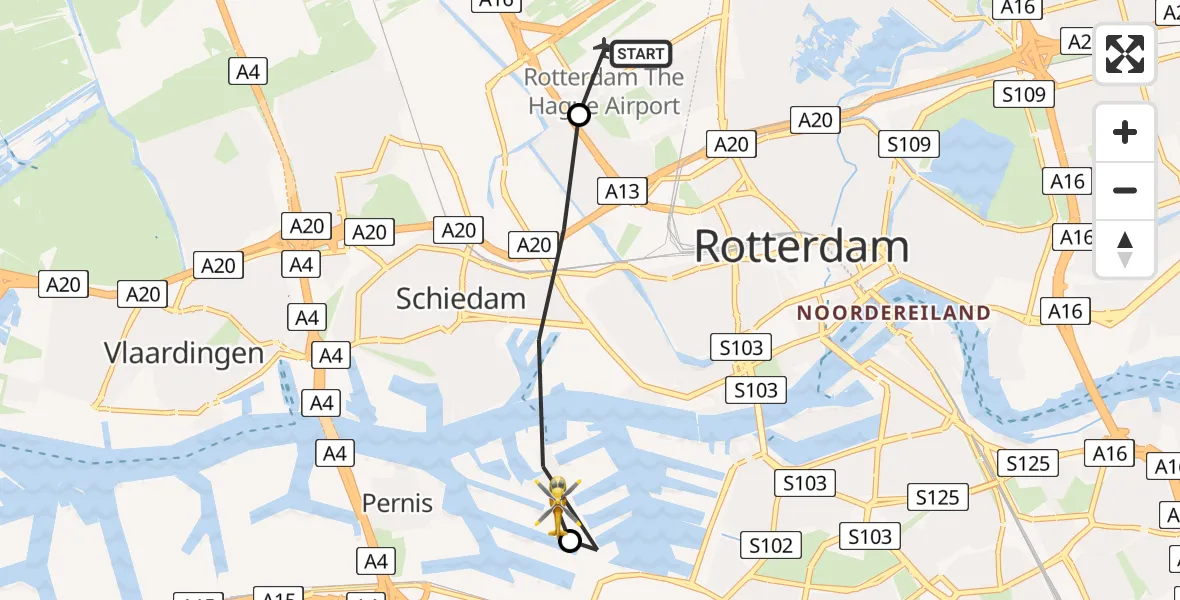 Vluchtroute Traumahelikopter van Rotterdam The Hague Airport naar C. Steinweg Handelsveem Helipad
