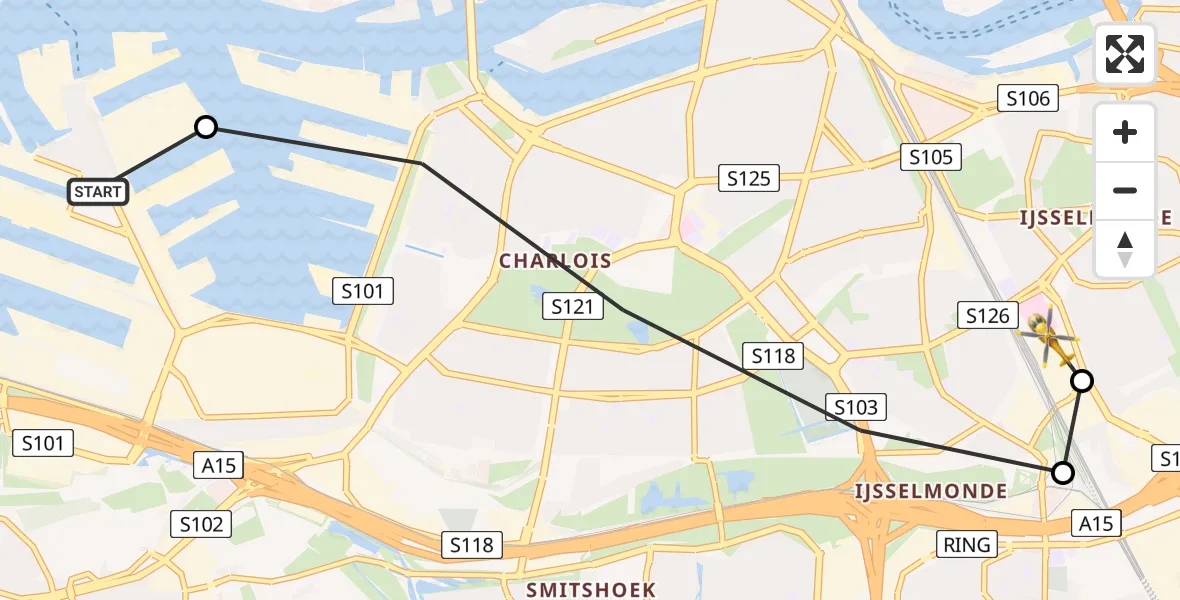 Vluchtroute Traumahelikopter van C. Steinweg Handelsveem Helipad naar Rotterdam