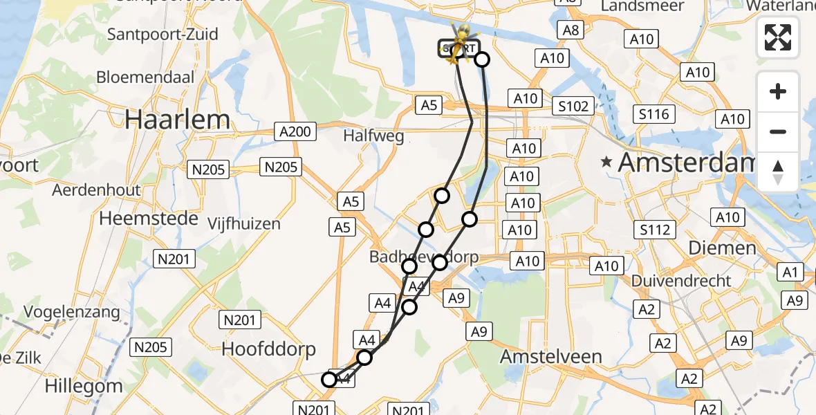 Vluchtroute Traumahelikopter van Amsterdam Heliport naar Amsterdam Heliport