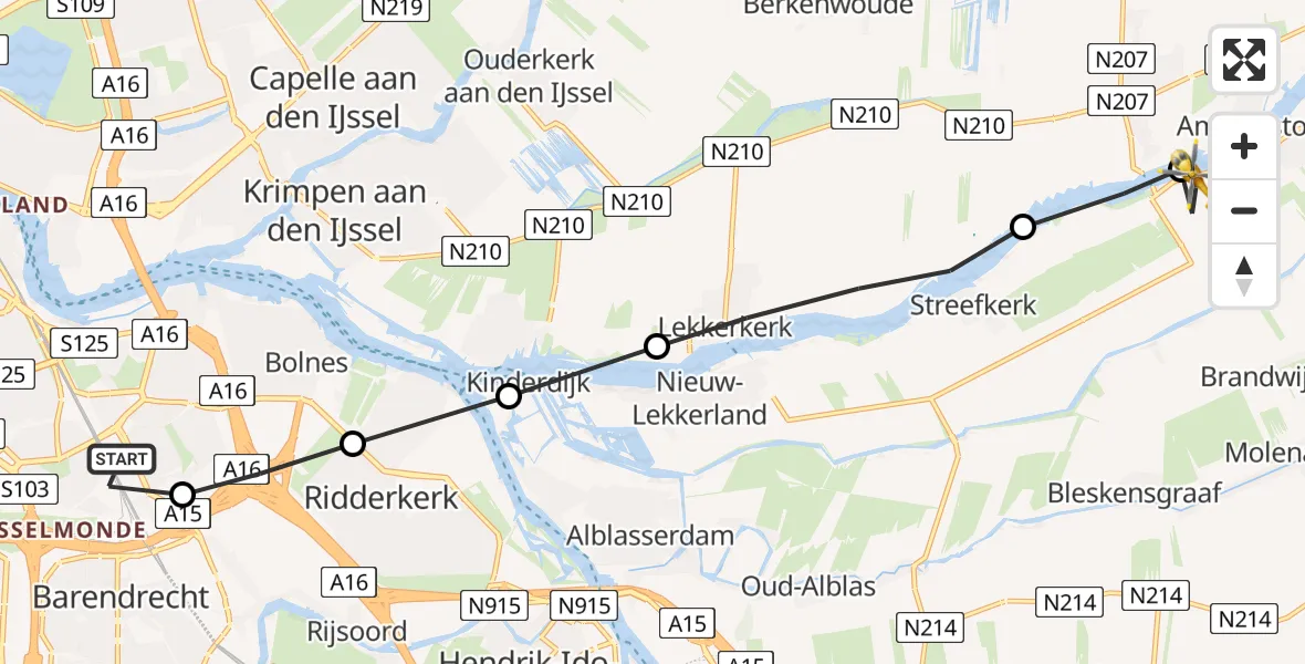 Vluchtroute Traumahelikopter van Rotterdam naar Streefkerk