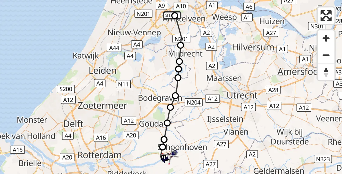 Vluchtroute Politiehelikopter van Amsterdam Vliegveld Schiphol naar Streefkerk