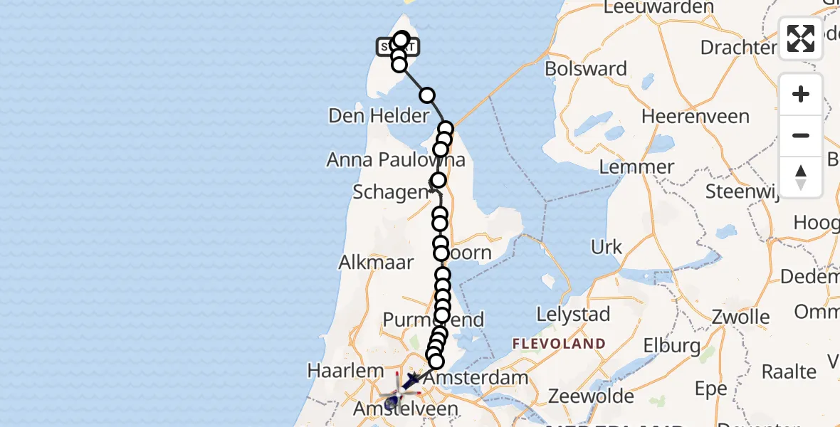 Vluchtroute Politiehelikopter van Texel International Airport naar Amsterdam