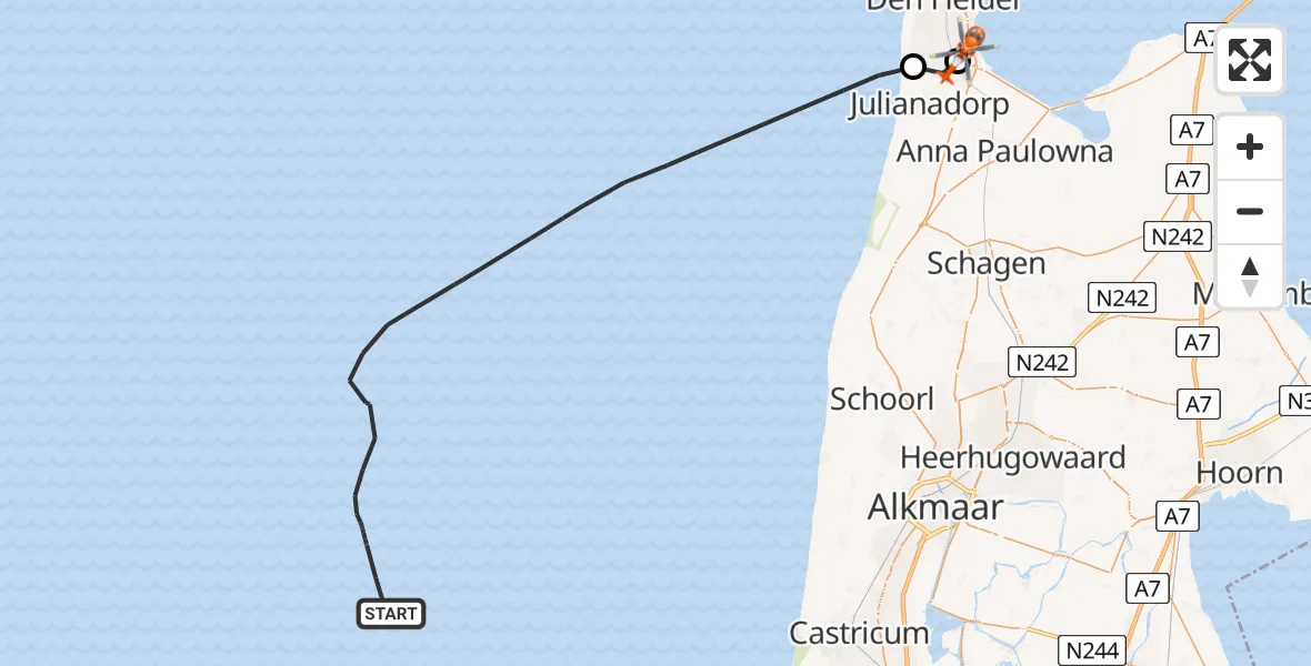 Vluchtroute Kustwachthelikopter van Noordzee naar Militair vliegveld De Kooy / Den Helder Airport