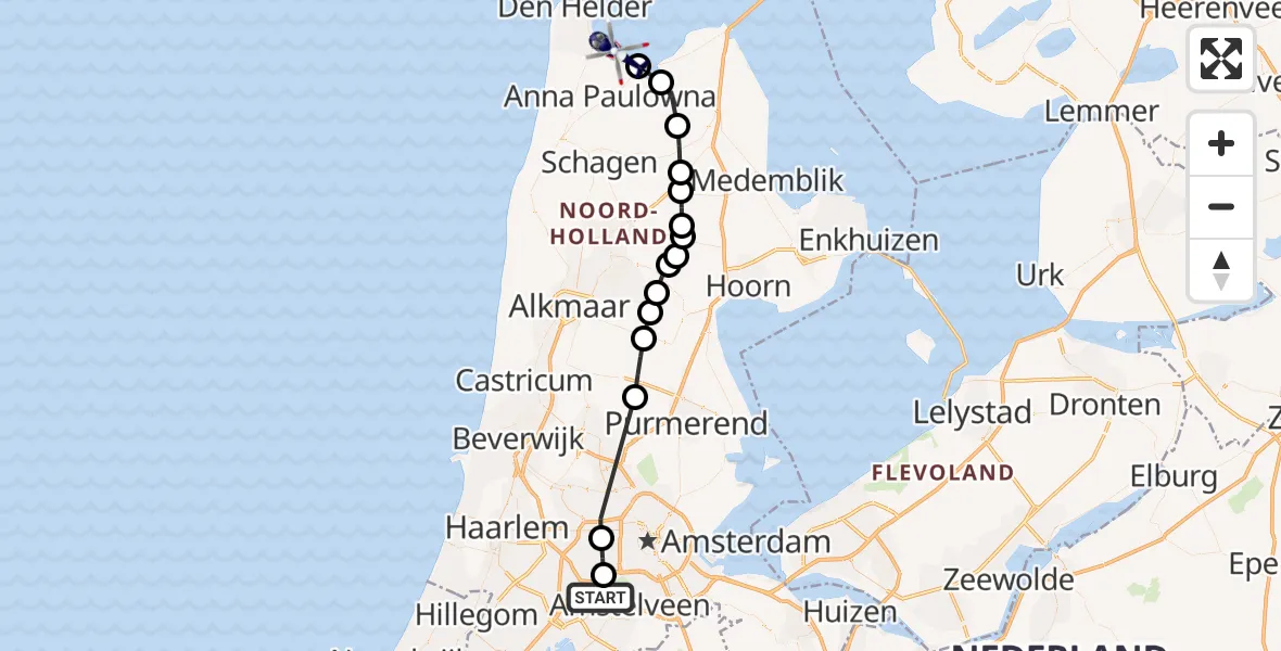 Vluchtroute Politiehelikopter van Amsterdam Vliegveld Schiphol naar Waddenzee