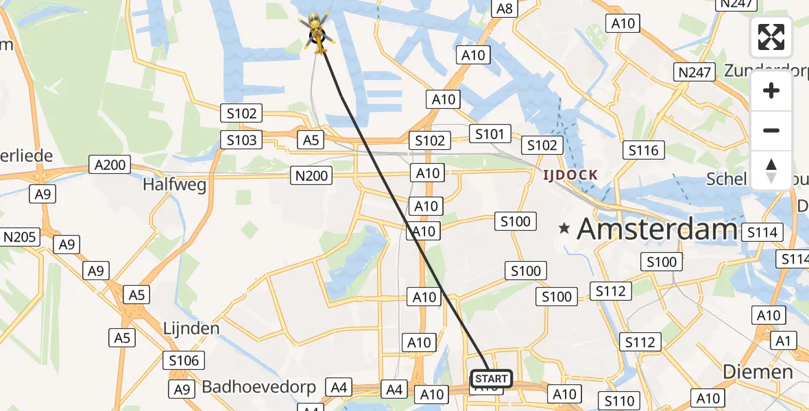 Vluchtroute Traumahelikopter van Amsterdam naar Amsterdam Heliport