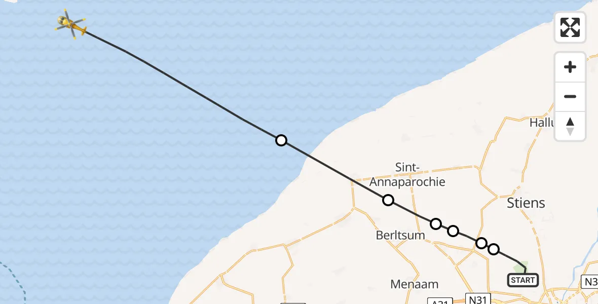 Vluchtroute Ambulancehelikopter van Vliegbasis Leeuwarden naar Waddenzee
