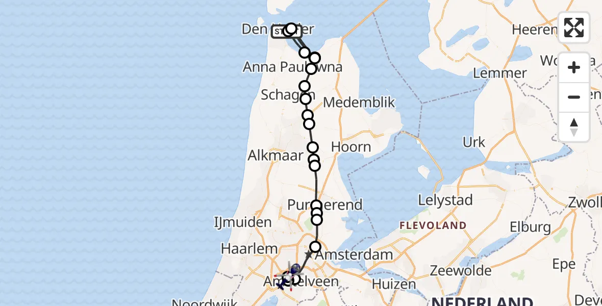 Vluchtroute Politiehelikopter van Den Helder naar Amsterdam Vliegveld Schiphol