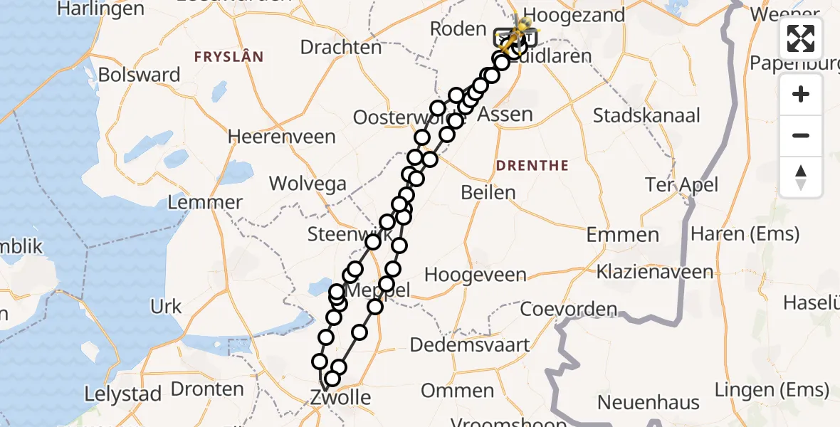 Vluchtroute Traumahelikopter van Groningen Airport Eelde naar Groningen Airport Eelde