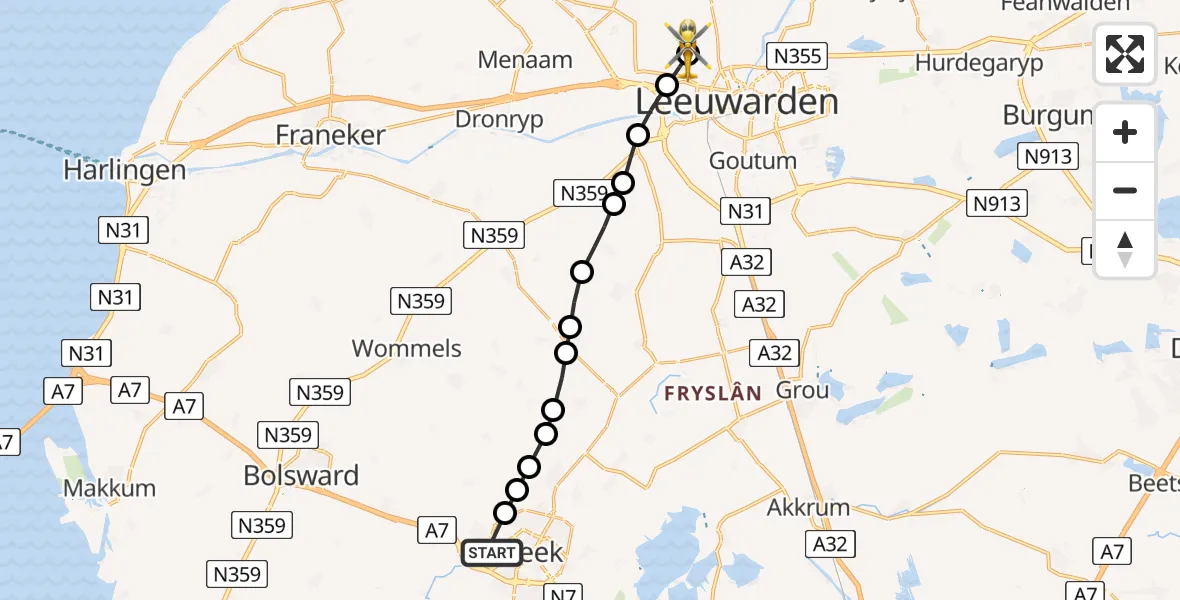 Vluchtroute Ambulancehelikopter van Antonius Hospital Heliport naar Vliegbasis Leeuwarden