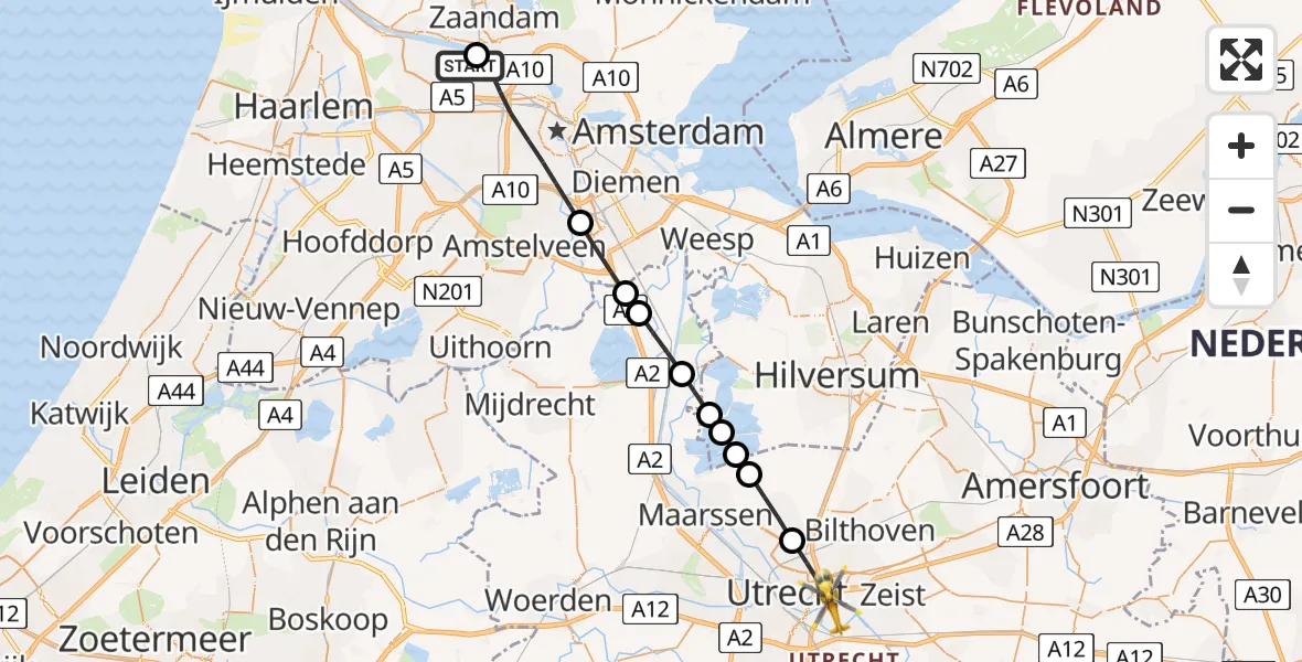 Vluchtroute Traumahelikopter van Amsterdam Heliport naar Utrecht