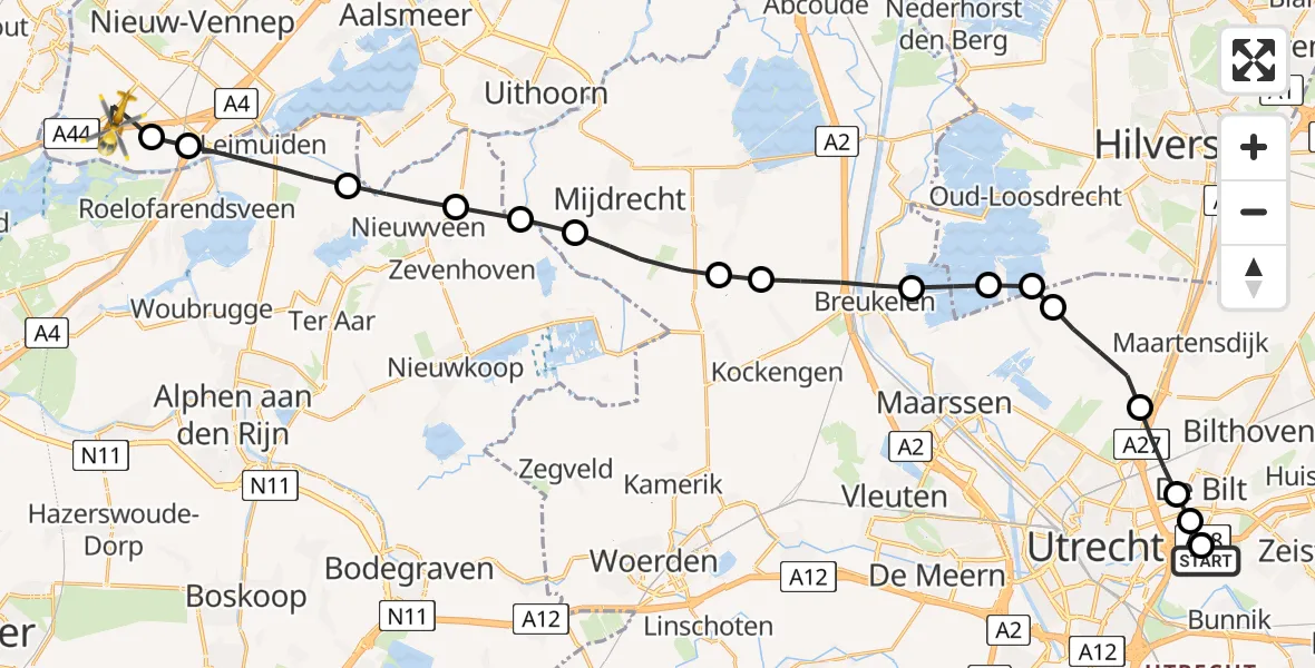 Vluchtroute Traumahelikopter van Universitair Medisch Centrum Utrecht naar Abbenes