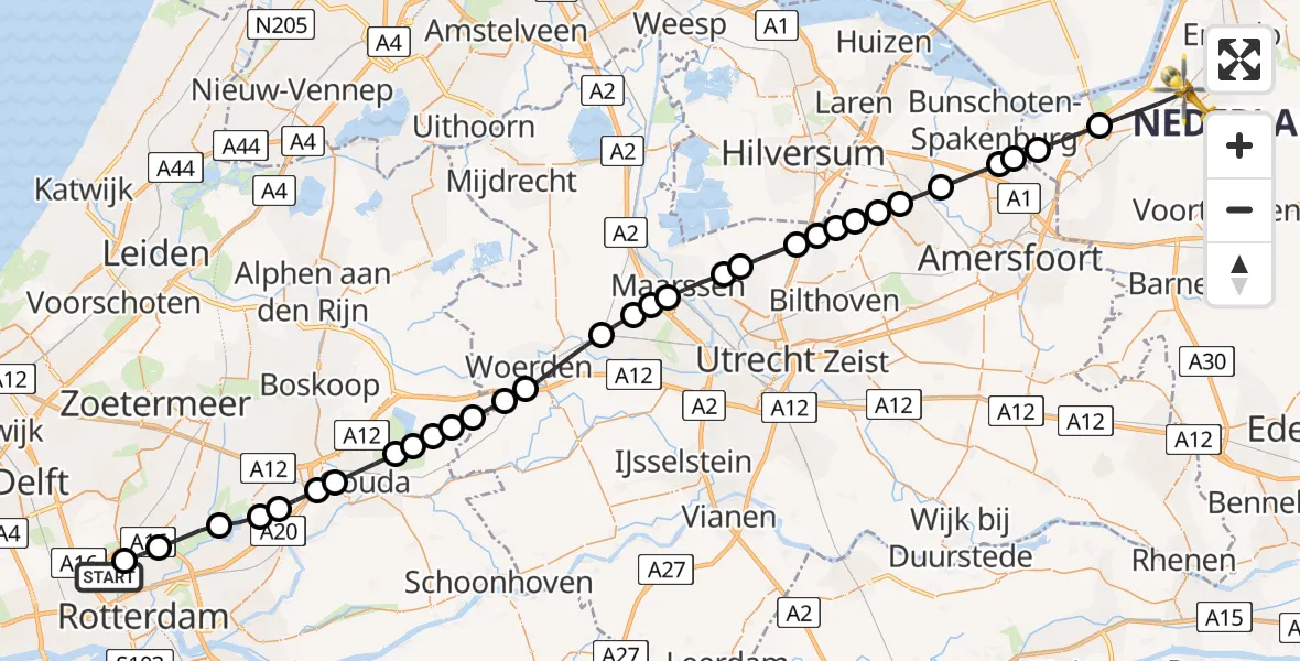 Vluchtroute Traumahelikopter van Rotterdam The Hague Airport naar Putten