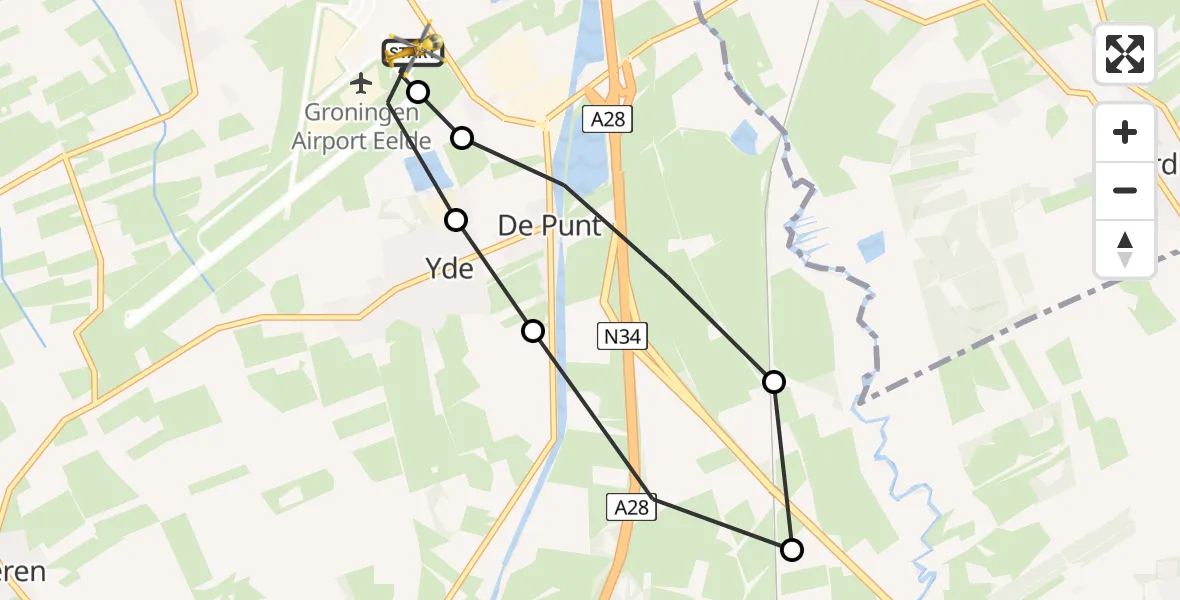 Vluchtroute Traumahelikopter van Groningen Airport Eelde naar Groningen Airport Eelde