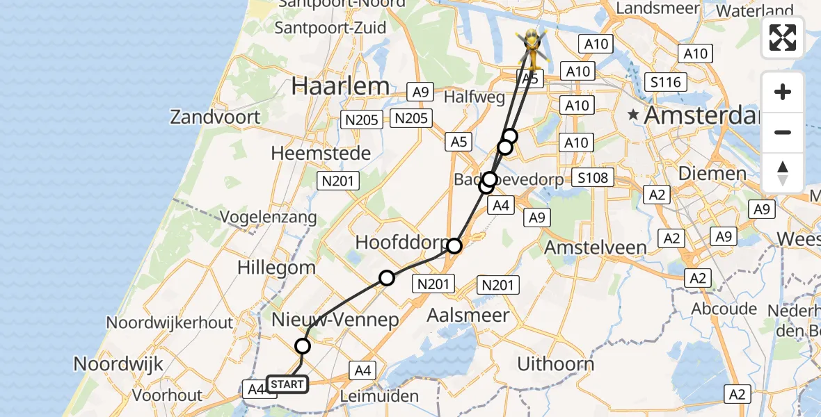Vluchtroute Traumahelikopter van Abbenes naar Amsterdam