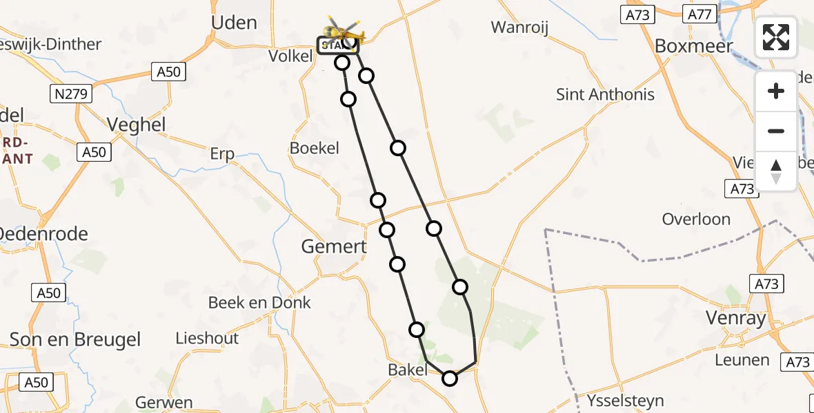 Vluchtroute Traumahelikopter van Vliegbasis Volkel naar Vliegbasis Volkel