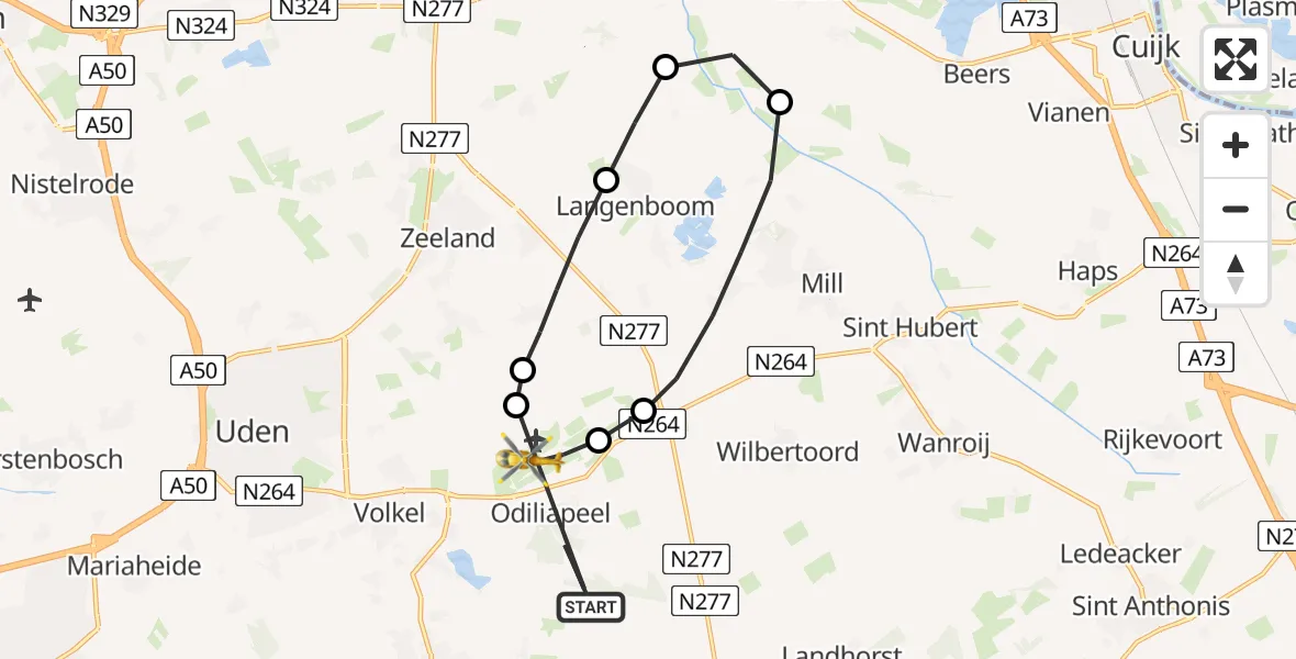 Vluchtroute Traumahelikopter van Odiliapeel naar Vliegbasis Volkel