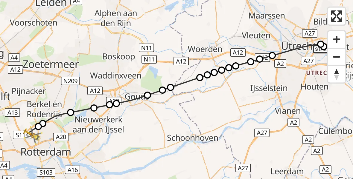 Vluchtroute Traumahelikopter van Universitair Medisch Centrum Utrecht naar Rotterdam The Hague Airport