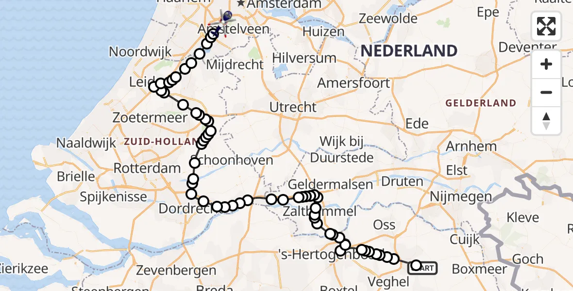 Vluchtroute Politiehelikopter van Vliegbasis Volkel naar Amsterdam Vliegveld Schiphol