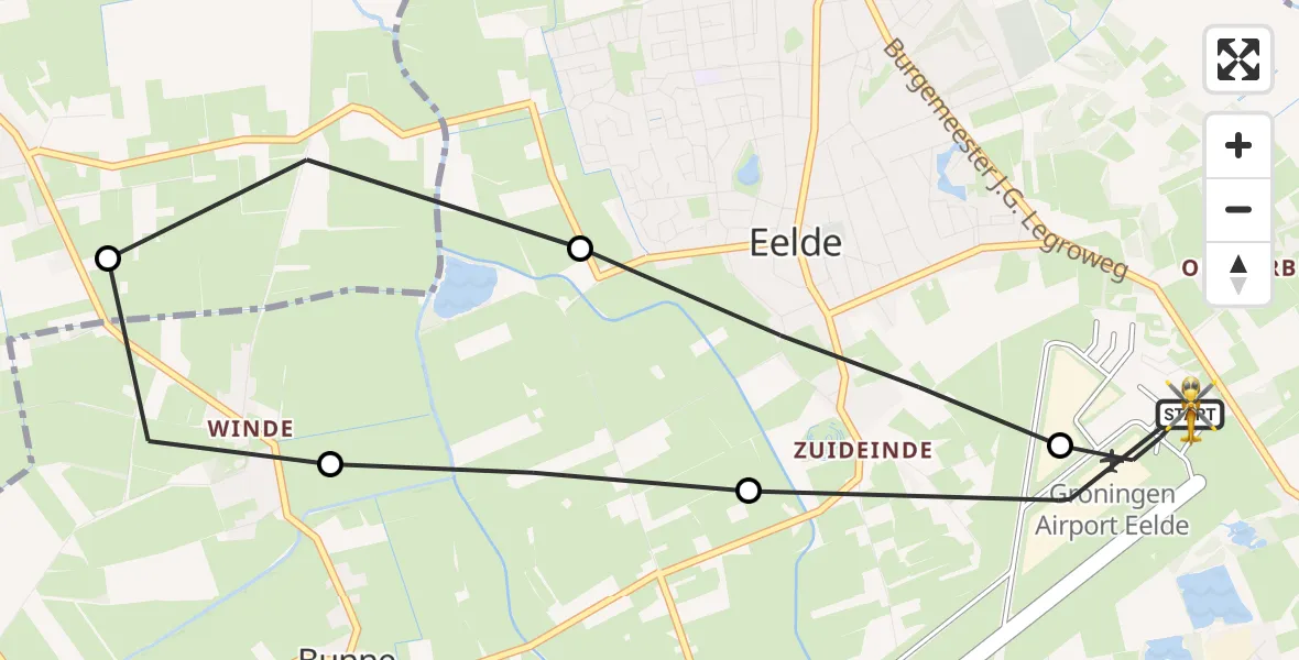 Vluchtroute Traumahelikopter van Groningen Airport Eelde naar Groningen Airport Eelde