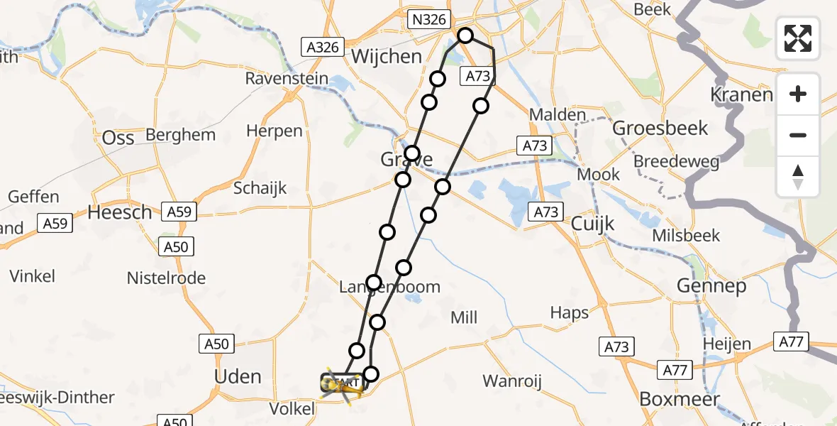 Vluchtroute Traumahelikopter van Vliegbasis Volkel naar Vliegbasis Volkel