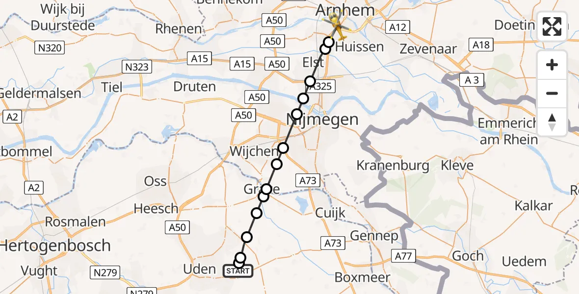 Vluchtroute Traumahelikopter van Vliegbasis Volkel naar Arnhem