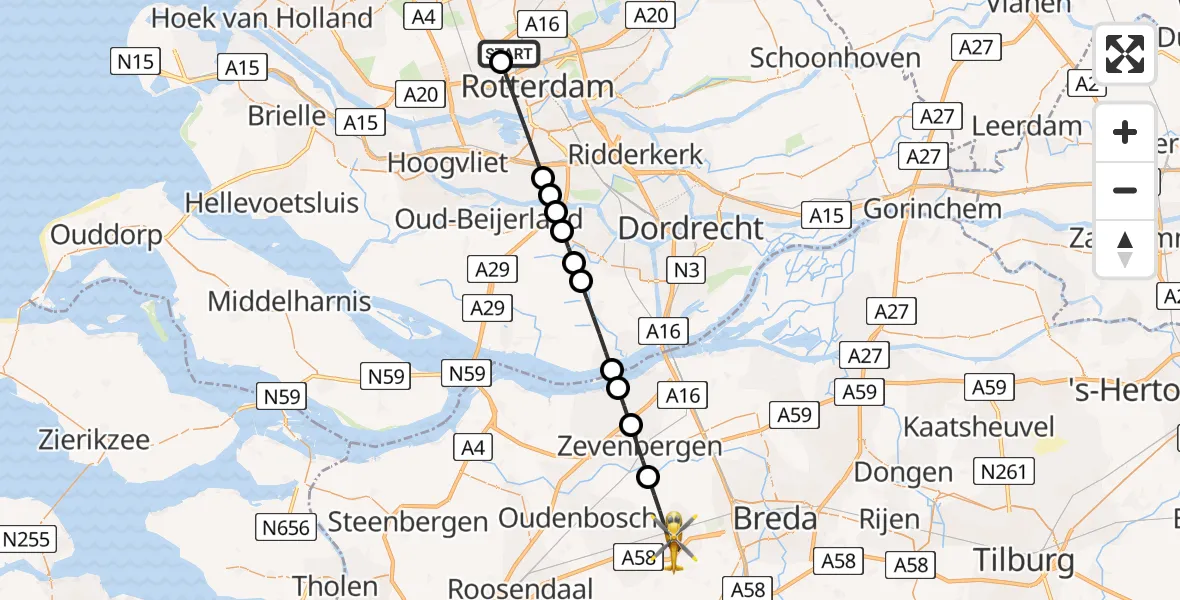Vluchtroute Traumahelikopter van Rotterdam The Hague Airport naar Etten-Leur