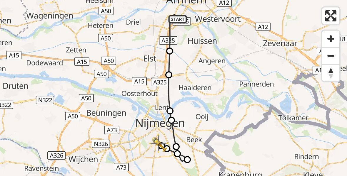 Vluchtroute Traumahelikopter van Arnhem naar Radboud University Medical Center Heliport