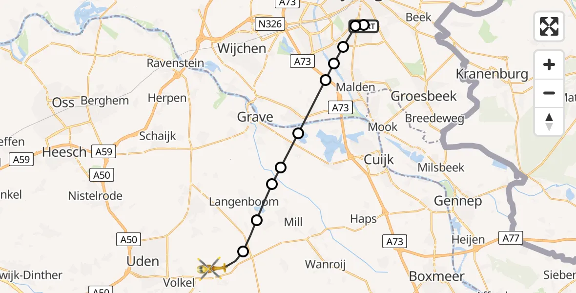 Vluchtroute Traumahelikopter van Radboud Universitair Medisch Centrum naar Vliegbasis Volkel