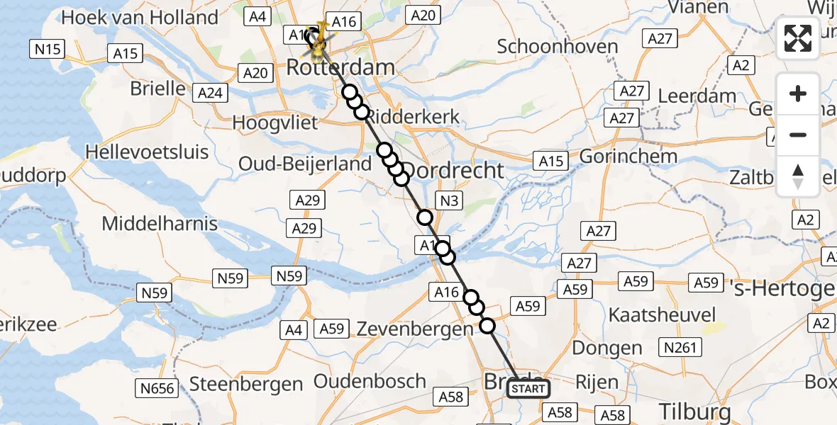 Vluchtroute Traumahelikopter van Breda naar Rotterdam The Hague Airport