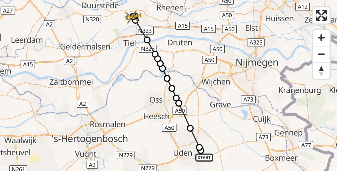 Vluchtroute Traumahelikopter van Vliegbasis Volkel naar Ingen