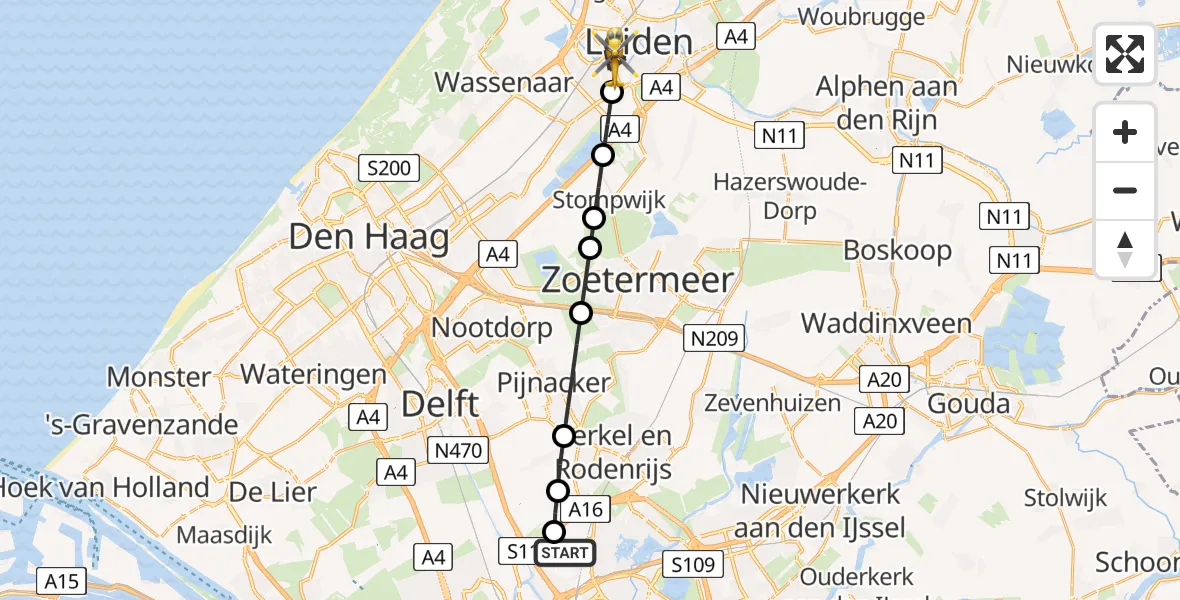 Vluchtroute Traumahelikopter van Rotterdam The Hague Airport naar Leiden