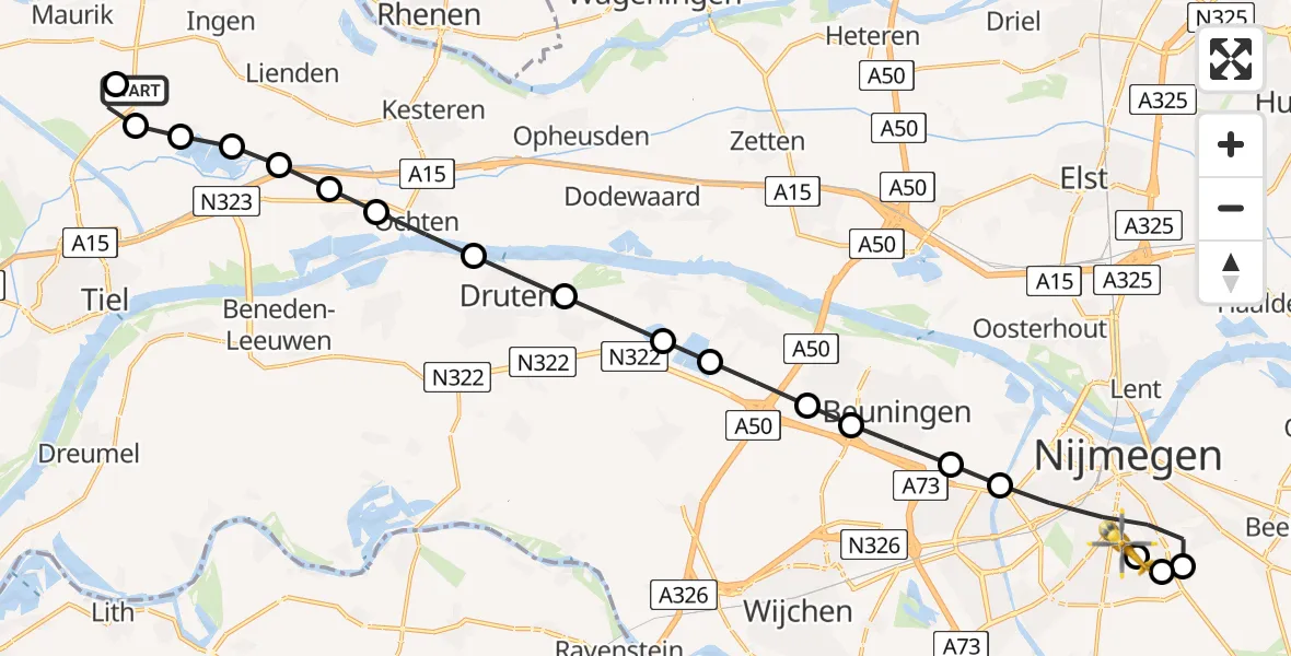 Vluchtroute Traumahelikopter van Ingen naar Radboud University Medical Center Heliport