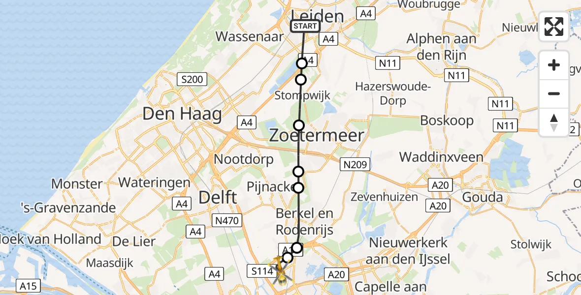 Vluchtroute Traumahelikopter van Leiden naar Rotterdam The Hague Airport